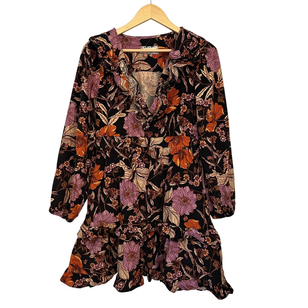 Pilcro Corduroy Floral Mini Dress Womens Medium‎ Black Orange Ruffle Boho
